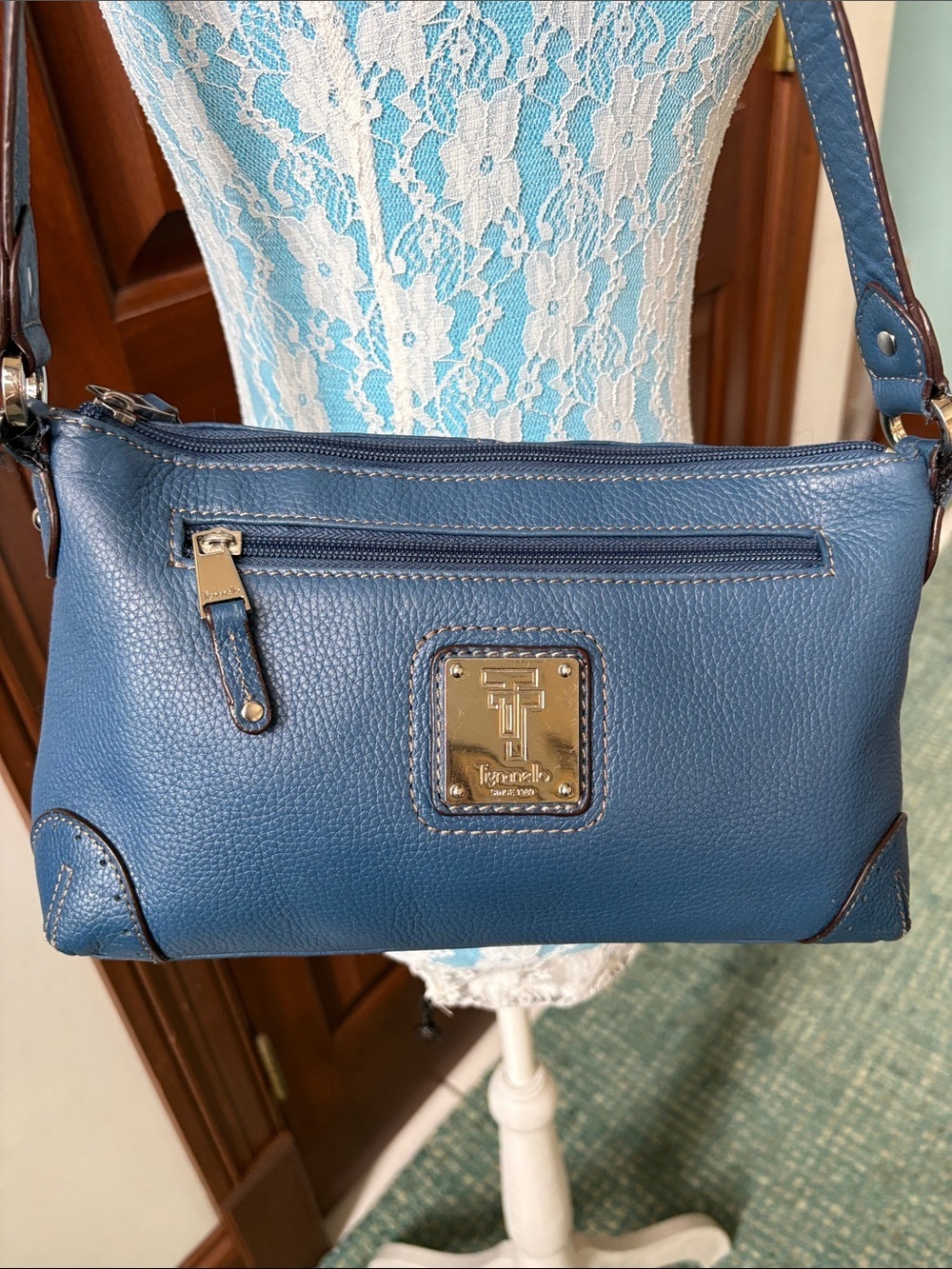 Tignanello  shoulder bag  mini bag  pebbled Leather  Kentucky/Michigan blue  EUC